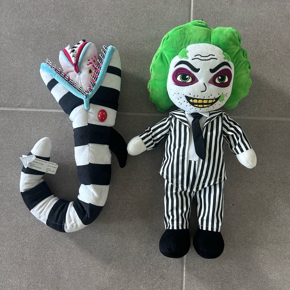 Beetlejuice Buddy plush and a‎ Sandworm plush from the movie Beetlejuice.